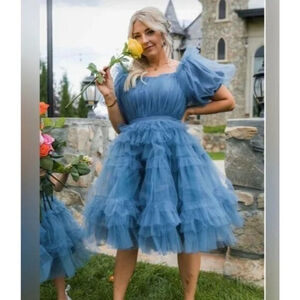 Ivy City Co Blue Tulle Dress Puff Sleeve Tiered 4XL Fancy Party Fairy Garden